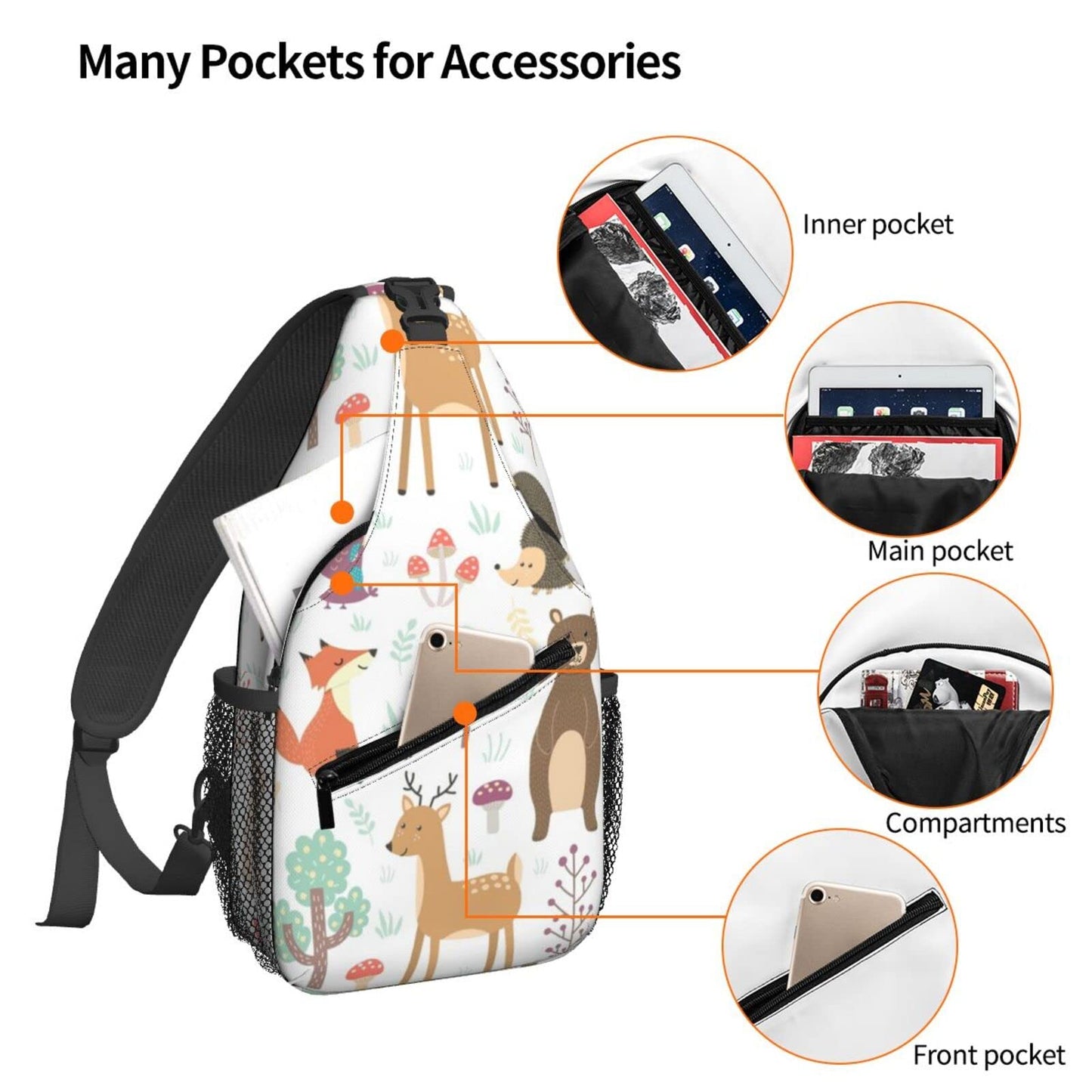 NiuKom Fox Deer Bear Sling Bag for Women Crossbody Sling Backpack Men Casual Daypack Backpacks Gym Cycling Travel Hiking