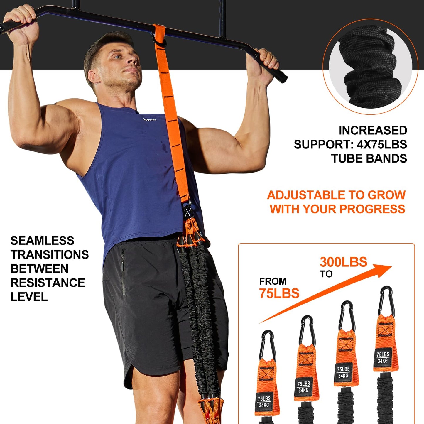 Pull Up Assistance Bands Set - 4 Heavy Duty Resistance Bands 300lbs, Adjustable Weight/Size with Footrest, Home Gym Strength Training (Orange)