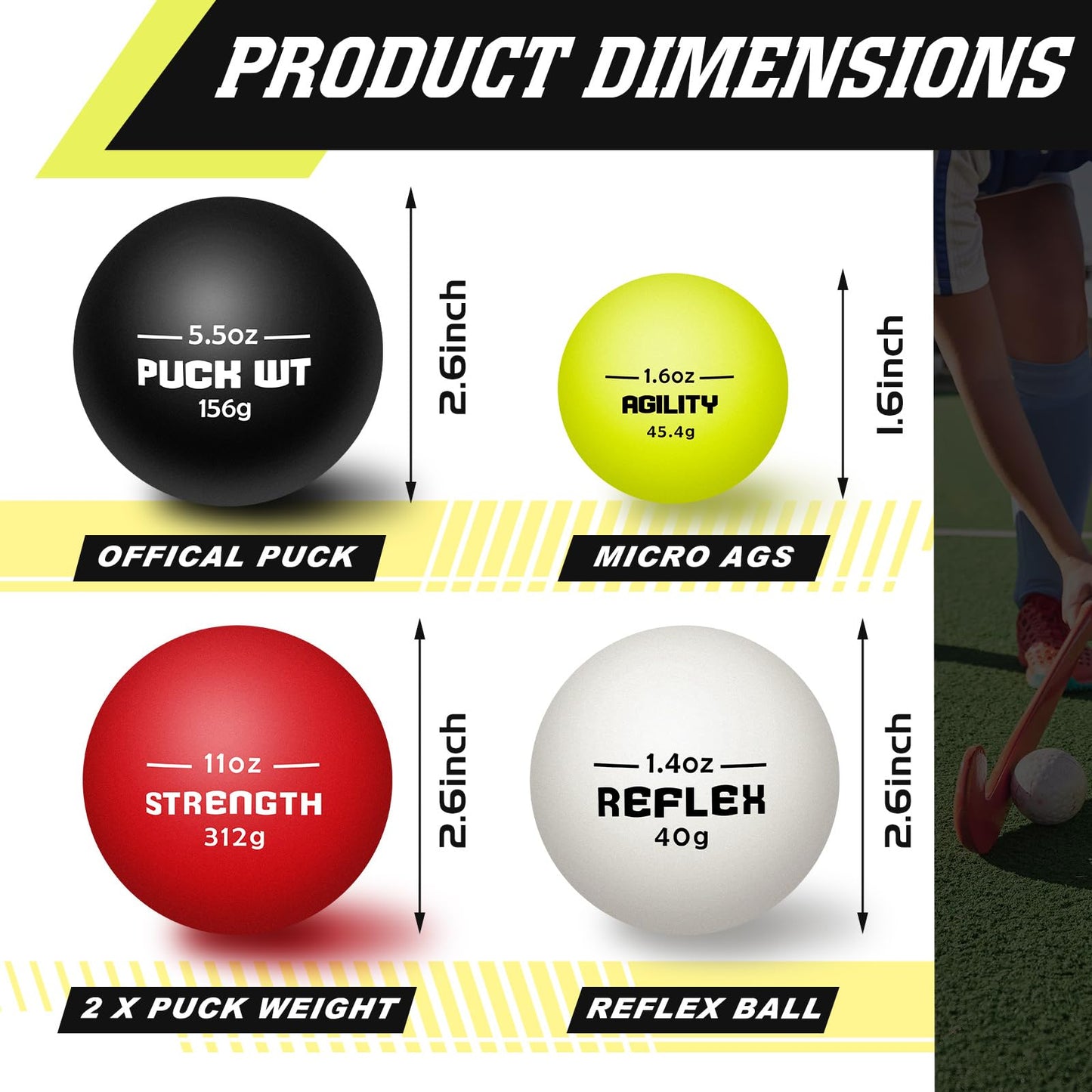 4 Pcs Stickhandling Balls Training Aid 4 Weights Stick Handling Trainer Balls Field Hockey Training Equipment for Indoor Outdoor Practice, Enhance Skills, Speed, Reaction Times