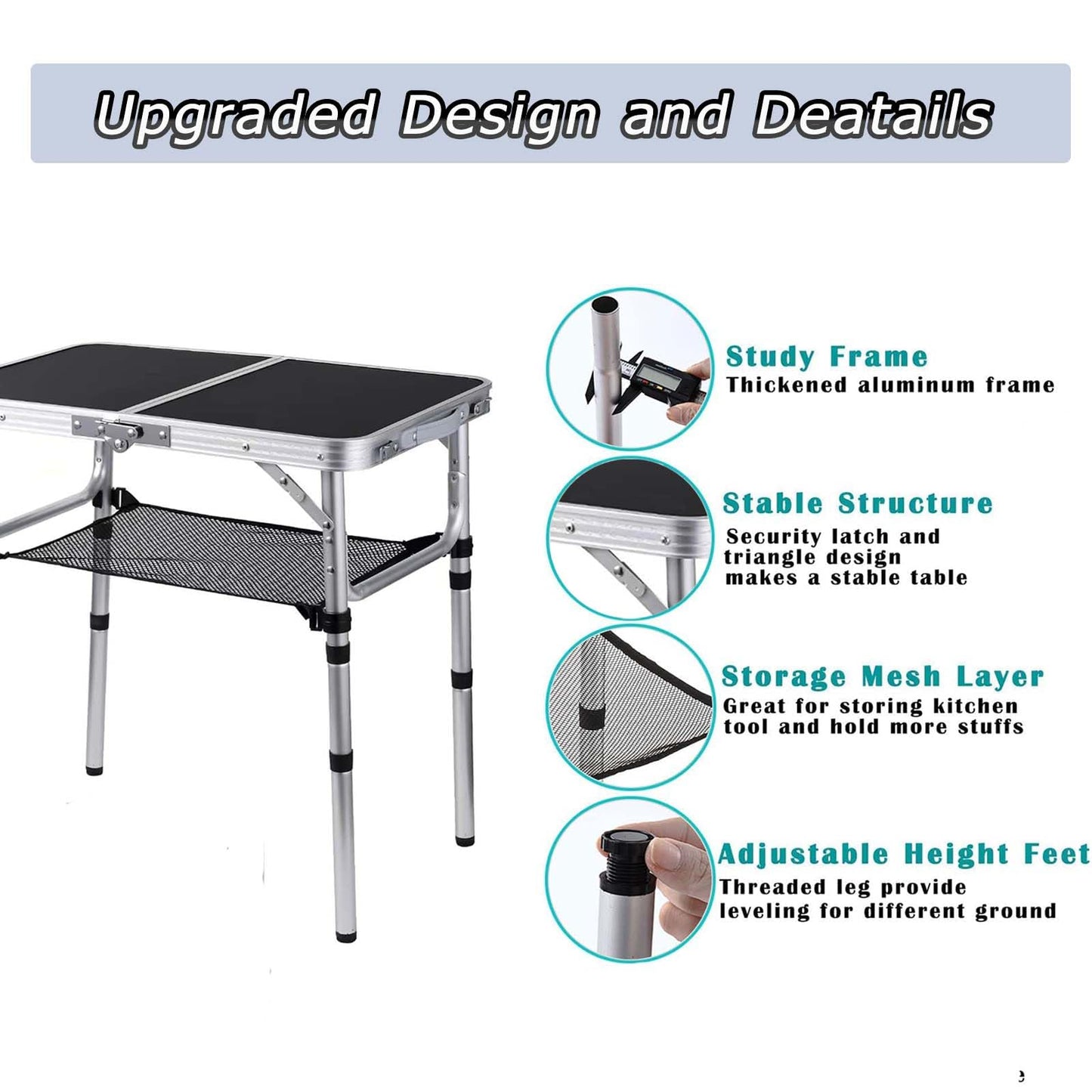 YihuiKo Folding Camping Table, Adjustable Height Folding Table, Portable Aluminum Small Folding Table with Carry Handle for Picnic, BBQ, Indoor, Office