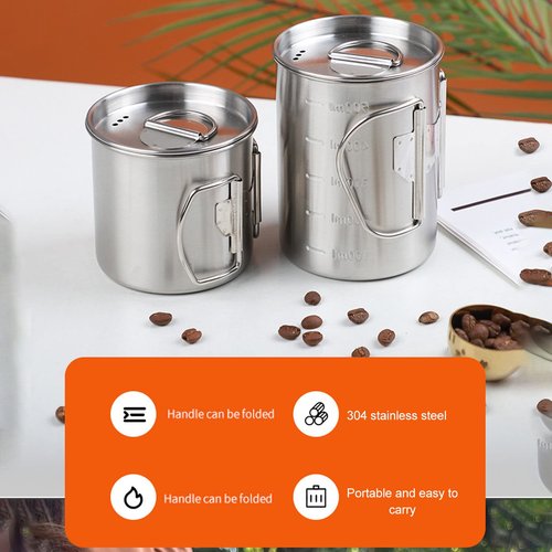 Tomotato Camping Cup with Lid, 12oz Stainless Steel Water Cup Mug with Foldable Handles and Lid, Portable Backpacking Mugs for Outdoor Camping Hiking(350ml)