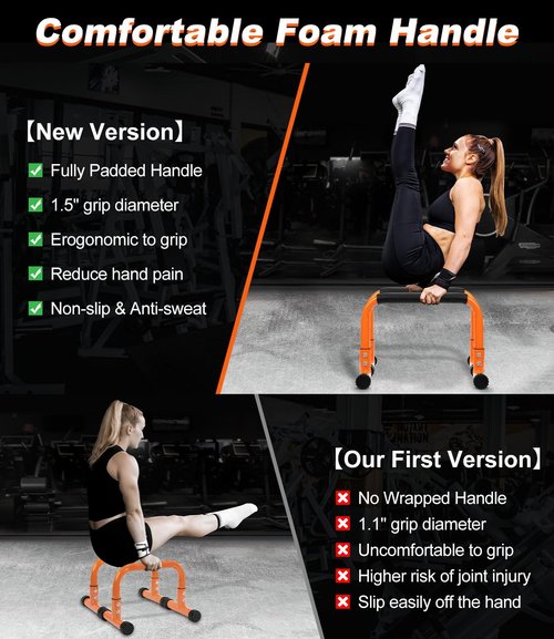 TABEKE Push Up Bar, 12" High Parallettes Bars & Dip Bar With Full-Cover Foam Handles, No Wobbling Calisthenics Equipment For Handstand, L-Sit, Gymnastics, Strength Training Home Gym