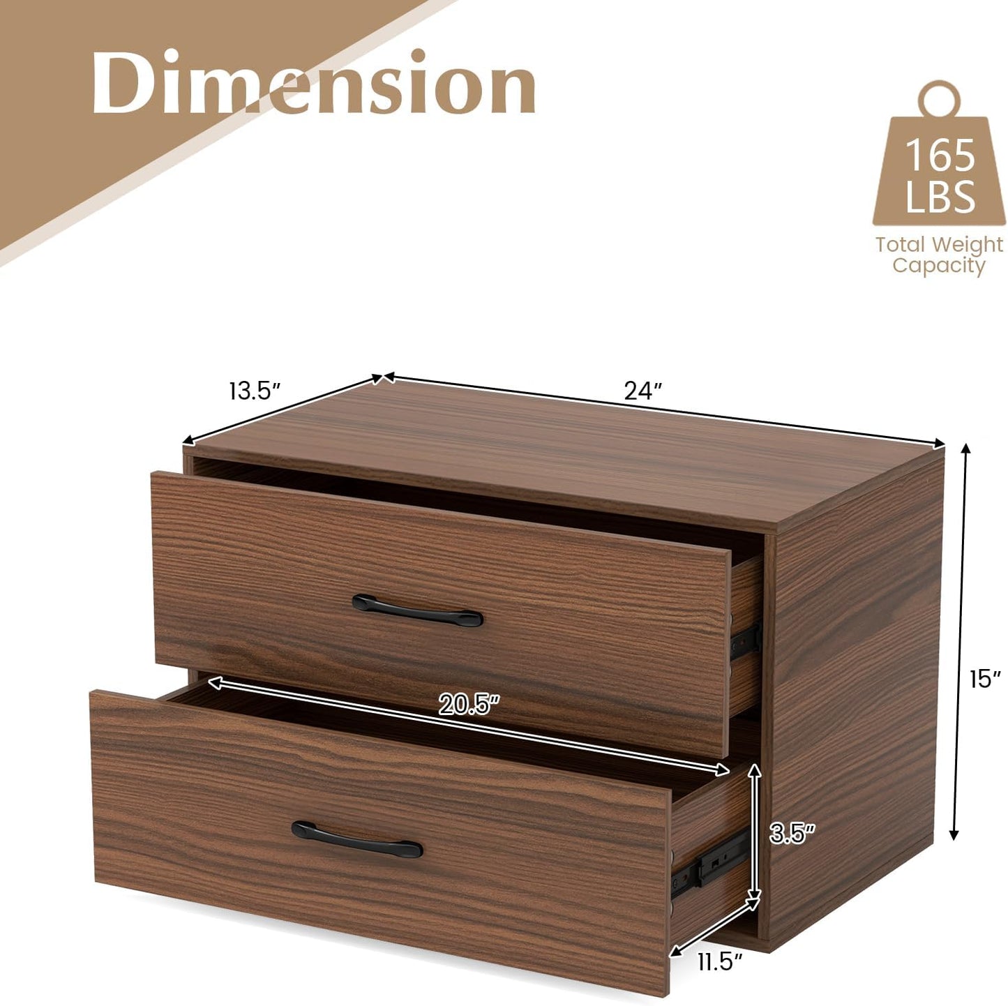 2 Drawer Lateral File Cabinet, Stackable Home Office Drawers, Under Desk Printer Stand, Low Storage Organizer, Horizontal Wooden Filing Cabinet for Study Living Room, No Wheels (2, Walnut)