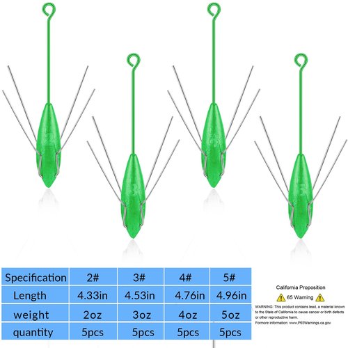 5 Pcs Sputnik Sinkers Surf Fishing Weight, Heavy-Duty Long Tail Fishing Weights Saltwater Surf Casting Sinkers,Fishing Weights Sinkers Spider Weights Surf Casting Sinkers(Green-2oz)