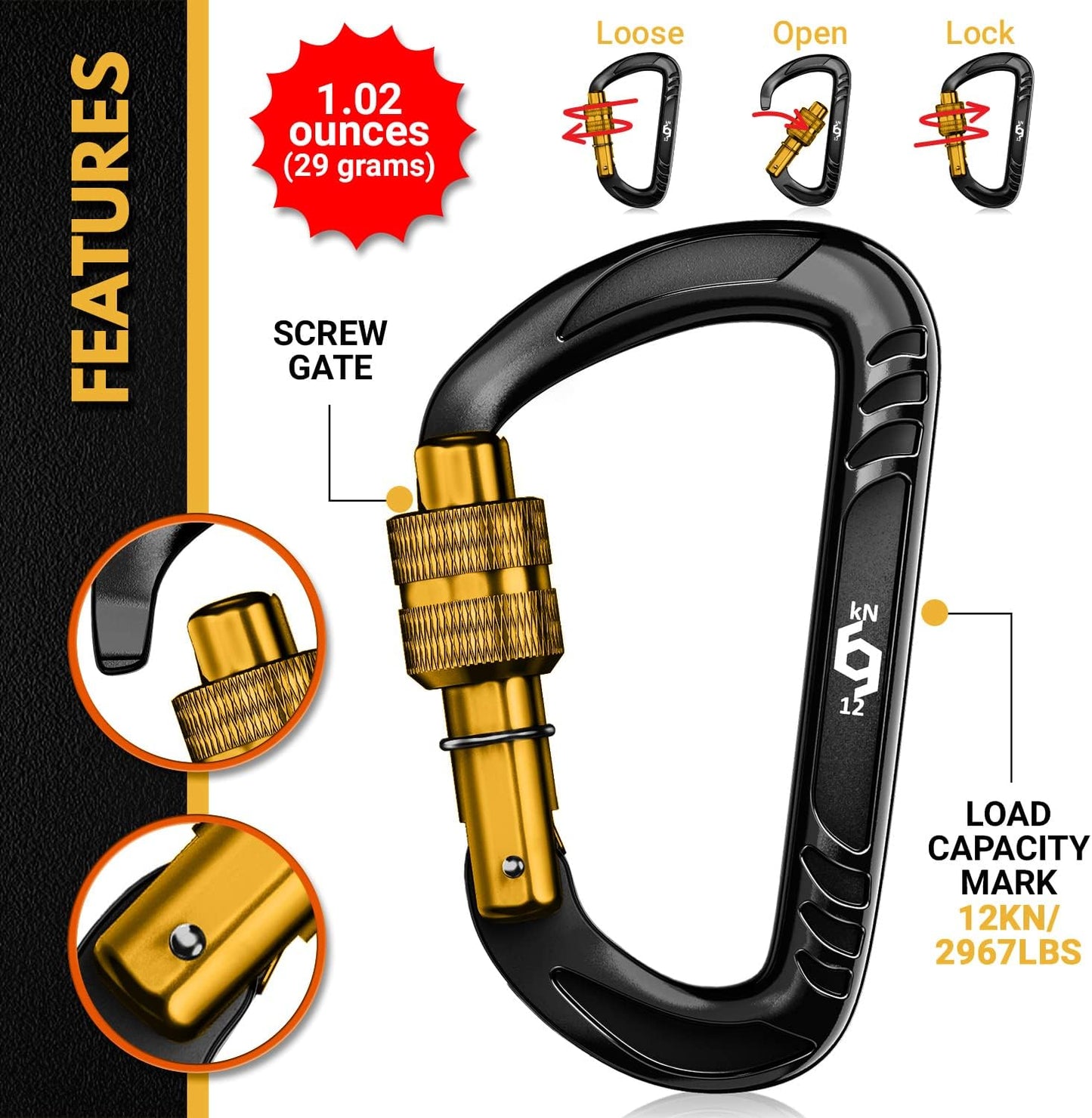 12kN (2697 lbs) Heavy Duty, Locking, Auto Locking, Wiregate Carabiner Clips, for Securing Pets, Outdoor, Camping, Hiking, Hammock, Dog Leash Harness, Keychains