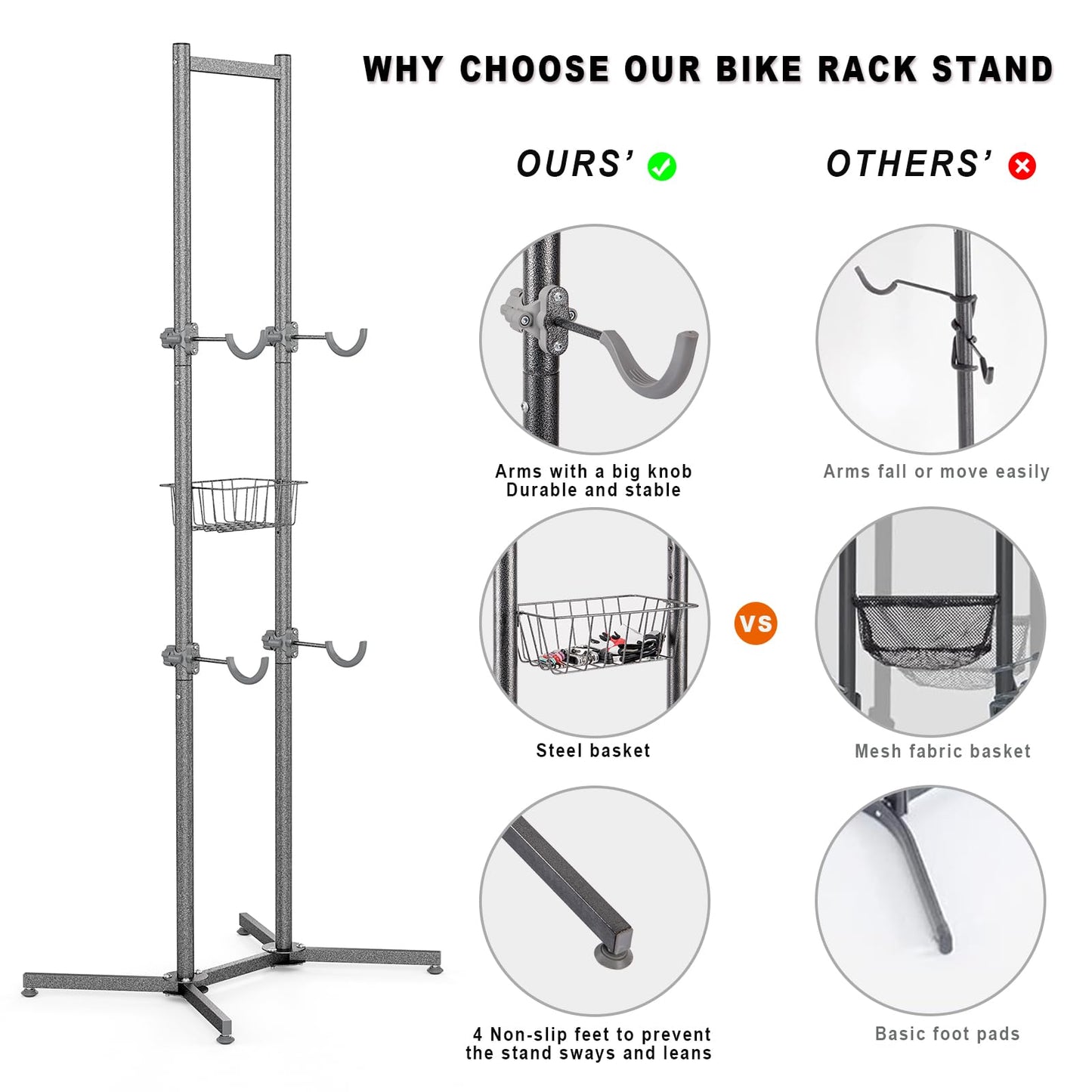 2-/4-Bike Storage Rack with Basket - Bike Rack Garage for Road, Mountain and Hybrid Bike Garage & Home (for 2 Bikes)