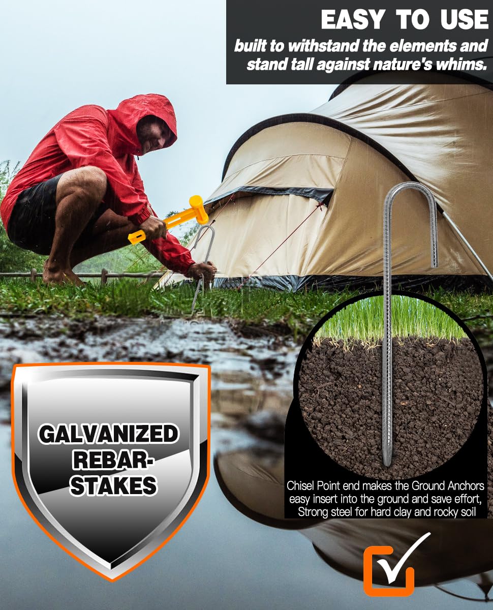 12 Inch Rebar Stakes, 8 Pack Ground Stakes J Hook Tent Stakes Heavy Duty Galvanized Anti-Rust for Camping, Garden Decorations, Drip Tubing, Artificial Turf