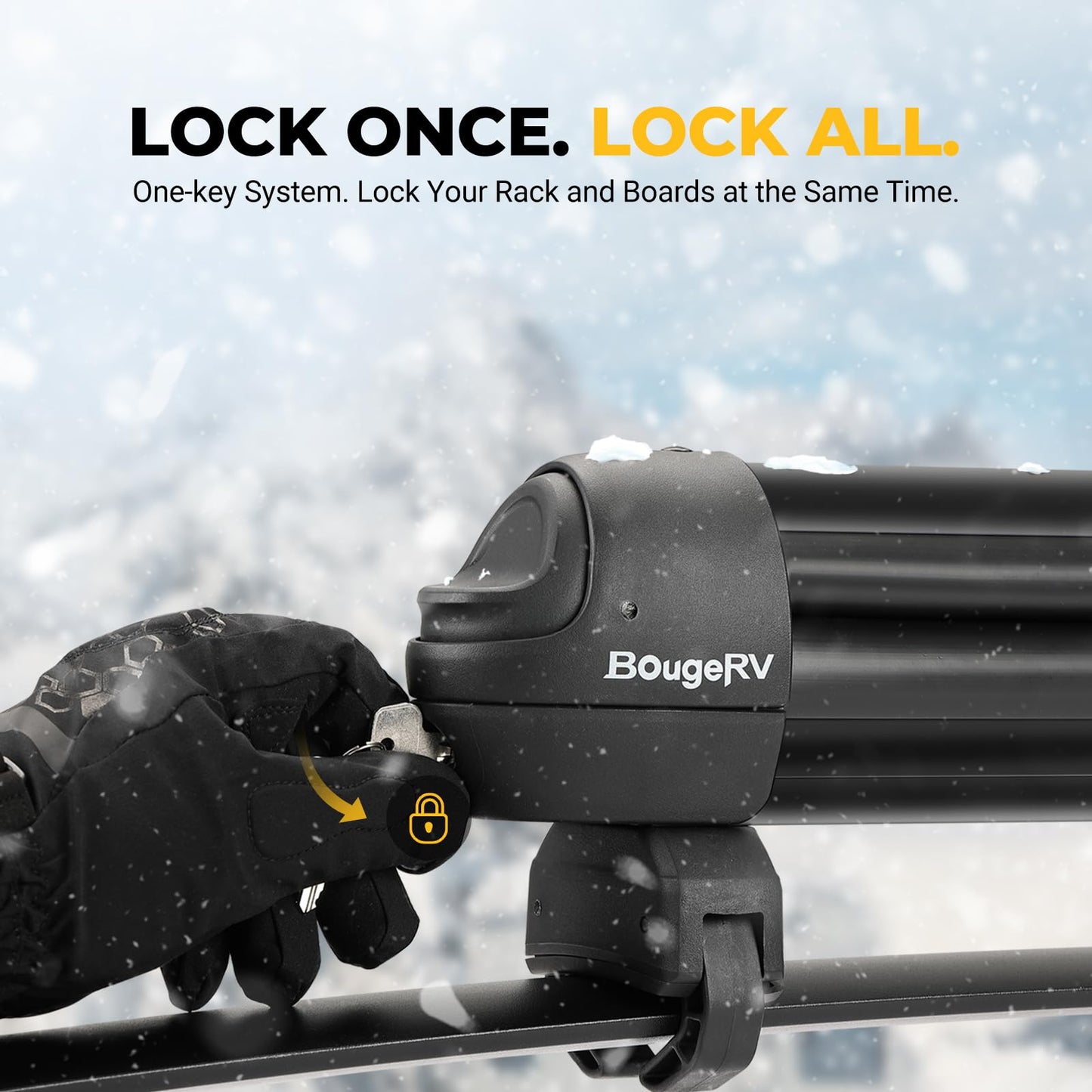 BougeRV Lockable Ski & Snowboard Racks, Extension with Sliding Feature, 28'' Fits 6 Pairs Skis or 4 Snowboards, Crab Mounting System Fits for Square/Aero/Oval Cross Bars (Black)