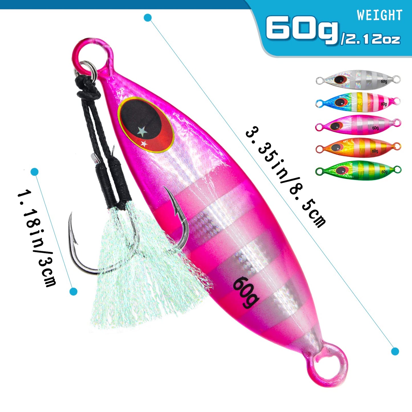 Gefischtter 5pcs Fishing Jigs Vertical Saltwater Jigs Metal Jigging Spoon Slow Sinking Glow Jigging Lure Deep Sea Fishing Lures with Assist Hooks for Tuna,Bass,Dogtooth,Grouper/60g