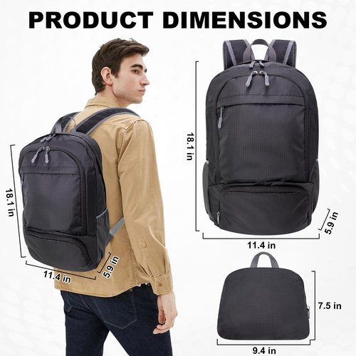 HOLYLUCK 20L lightweight packable Hiking Daypack Foldable Backpack for Men Women Small Travel Outdoor Foldable Shoulder Bag-black