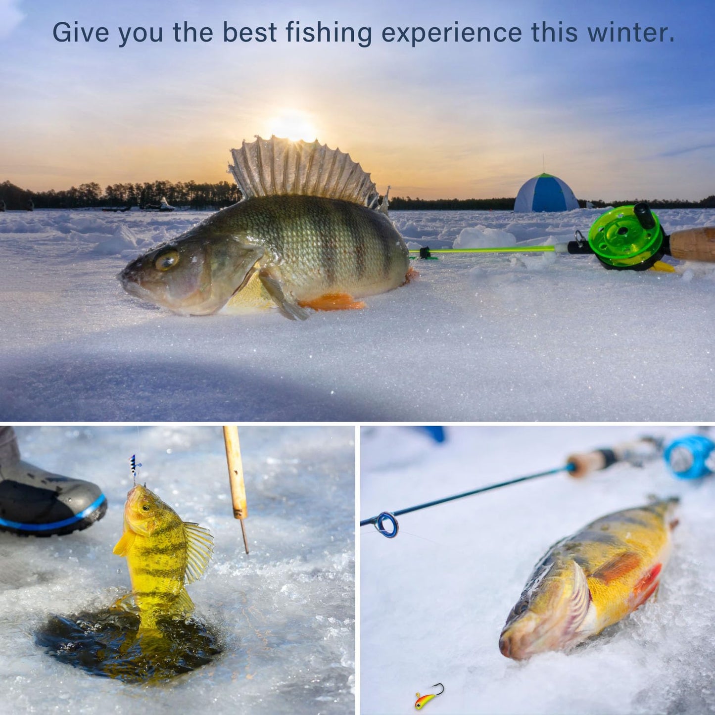 KJEIM Ice Fishing Jigs Kit, 30pcs Glow Ice Fishing Lures Luminous Ice Fishing Gear Winter Fishing Jigging for Crappie Pike Panfish Walleye Perch Bluegill