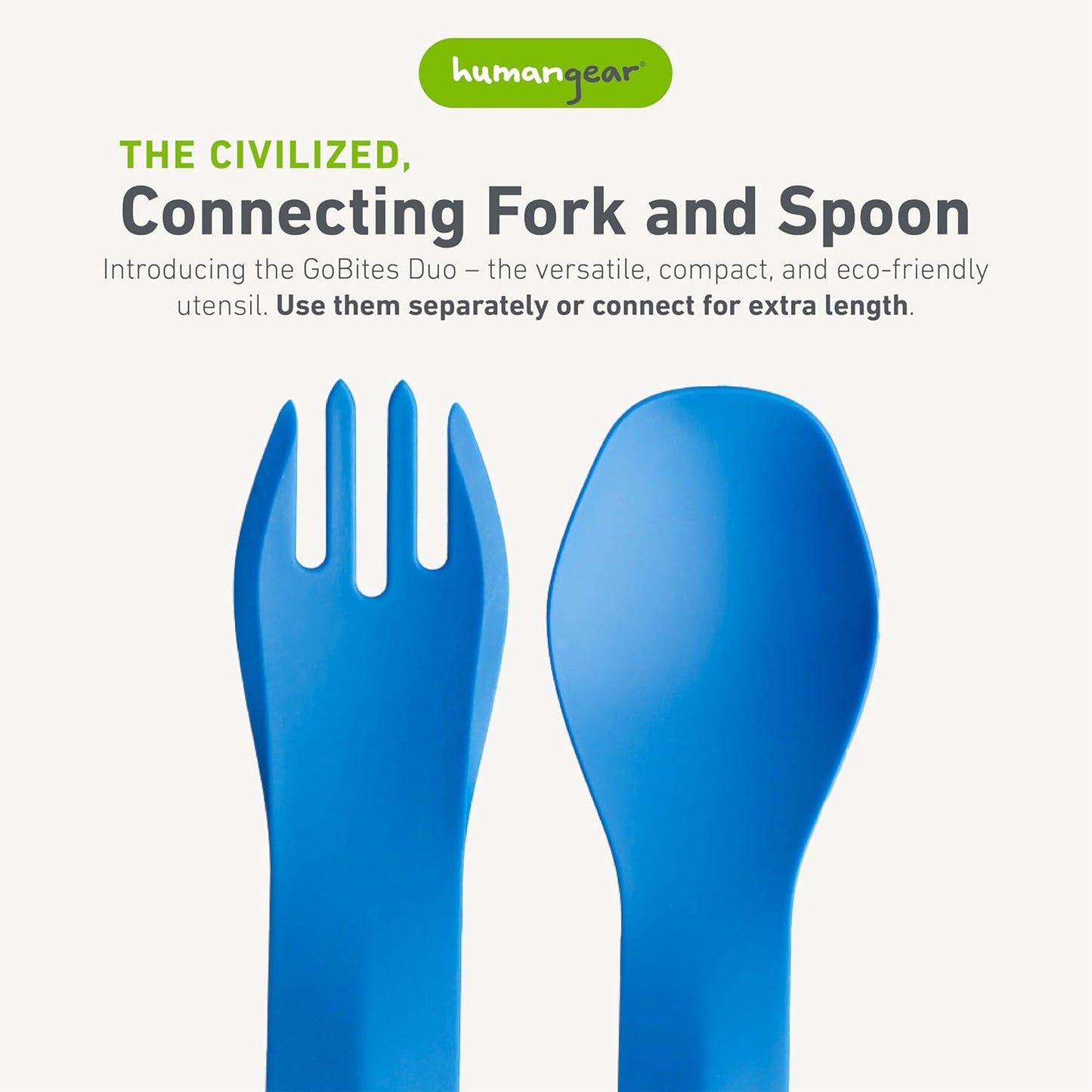 humangear GoBites Duo and Bio Duo Travel Silverware, Full Size Portable Fork & Spoon, Reusable Utensil Set, PC and BPA-free, Food-Safe Nylon or Plant-Based Resin, Extended - 9.1” X 1.6”