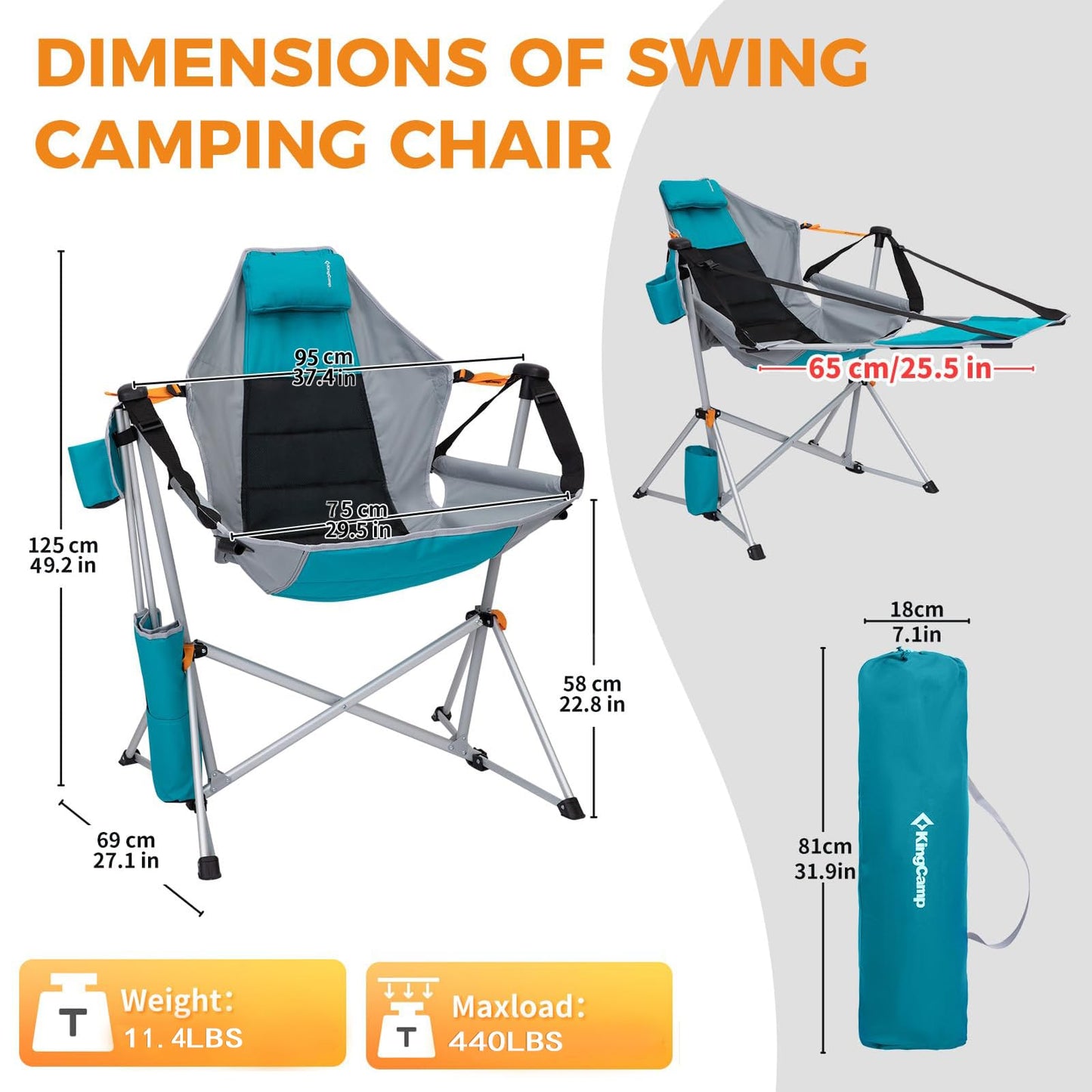 KingCamp Hammock Chair with Footrest, Swinging Portable Folding Camping Chairs for Adults MAX 440lbs Heavy Duty Foldable Oversized Rocker with Cup Holder Pillow for Outdoor Beach Patio Sport Lawn