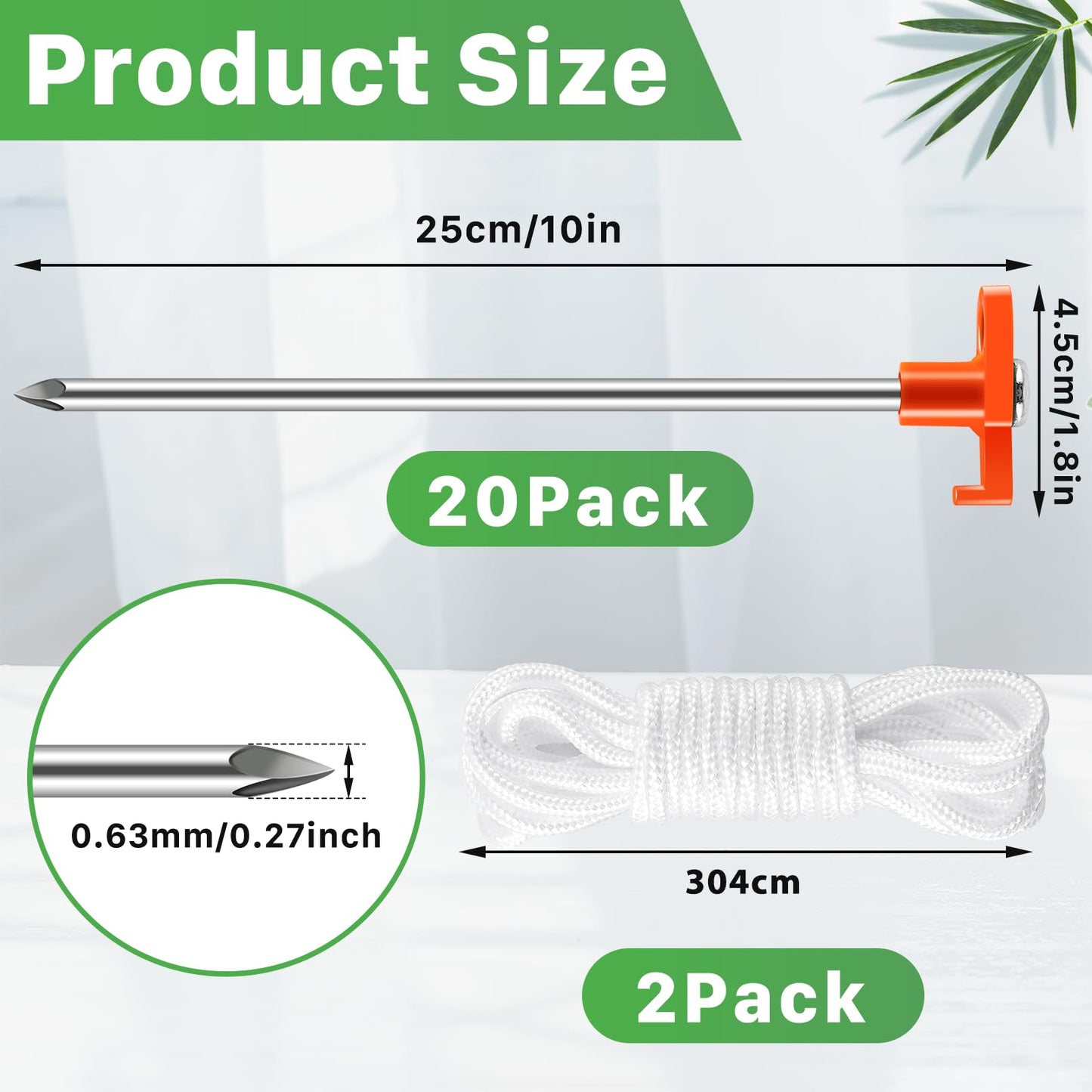 IJRPLM 20 Pack Tent Stakes,10 Inch Heavy Duty Metal Tent Pegs,Tent Pegs Camping Stakes,Non-Rust Ground Stakes Tent Spikes for Outdoor Camping Garden,with 2 Pcs 10FT Ropes(Orange)