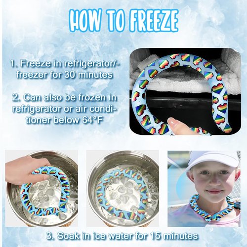 Portable Ice Ring, Neck Cooling Tube, Wearable Cooling Neck Cooler, Reusable Cooling Artifact Suitable for Hot Weather, Indoor and Outdoor Workers, Summer Parades and Celebrations(Love Rainbow-Blue)