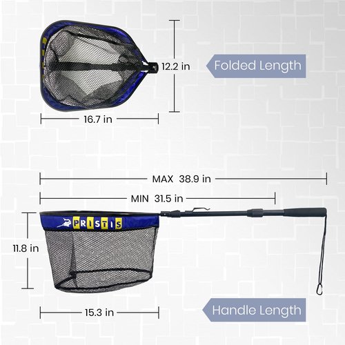 Pristis 12'' Depth Floating Lightweight Fishing Net with Telescopic Pole Handle, 39'' Foldable Extendable Rubber Coat Folding Landing Dip Net for Boat Kayak Fish Catch Release Freshwater Saltwater