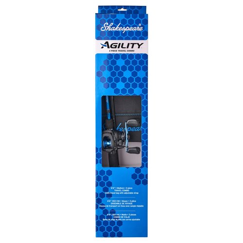 Shakespeare Agility Travel Low Profile Baitcast Reel and 6'6" Fishing Rod Combo, Right Handle Position, 90mm Handle with Large Knobs for Extreme Torque, Multi-Disk Drag System