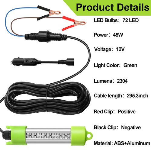 Retisee 2 Pcs 12V Green Underwater Fishing Light IP68 Waterproof Aluminum Bright LED Fish Bait Submersible Night Fishing Lights Lure Bait Finder with Battery Clamp for Crappie(45w, 24.61 ft)