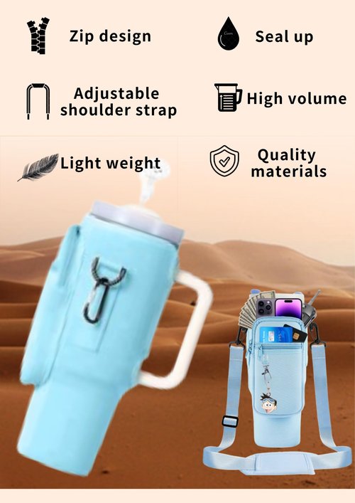 Water Bottle Carrier Bag with Phone Pocketfor Stanley 40/30 oz, Water Bottle Holder with Adjustable Shoulder Strap and Charm(Blue)