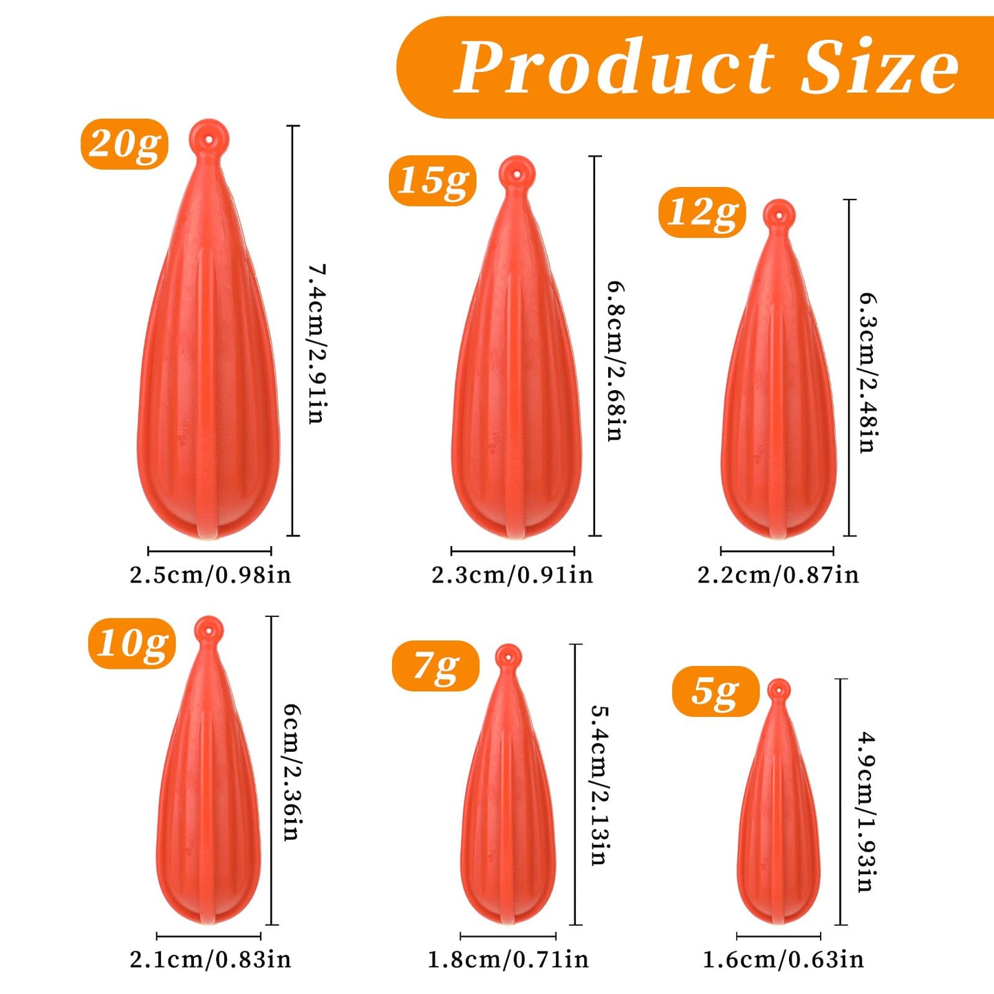 6 PCS Fishing Practice Plugs 6 Sizes Bait Casting Practice Plug Soft PVC Bait Casting Plug Practice Plugs Weight Casting Plug for Kids Improving Casting Skills Orange