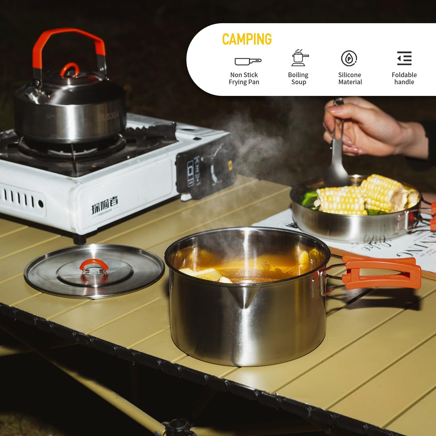 KERMANDO Stainless Steel Camping Cookware Set - Kettle, Frying Pan and Cooking Pot 3 Piece Set With Anti-scald Folding Handles and Mesh Bag
