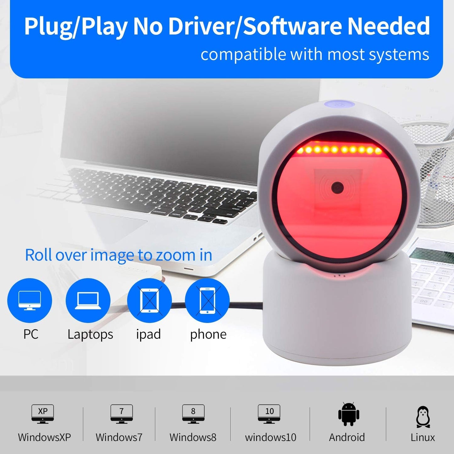 2D QR Barcode Scanner,Symcode Omnidirectional Hands-Free Automatic Barcode Reader for Mobile Payment Computer Screen ScanMeters