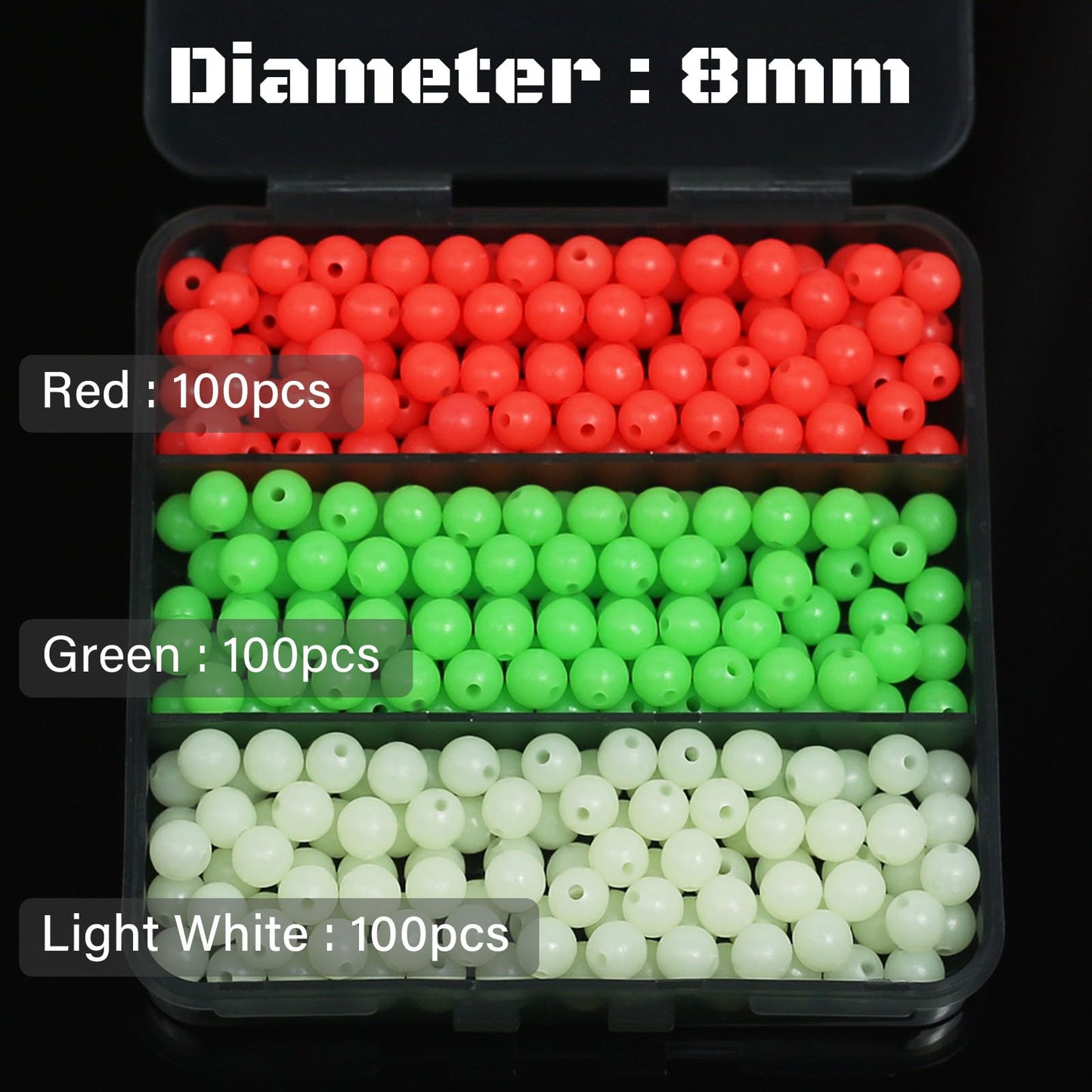 KJEIM Fishing Beads 6mm 8mm 10mm Glow in The Dark Bead Round Plastic Lure Rigging Catfish Rig Freshwater Saltwater for Fishing Rigs (8mm (300pcs))