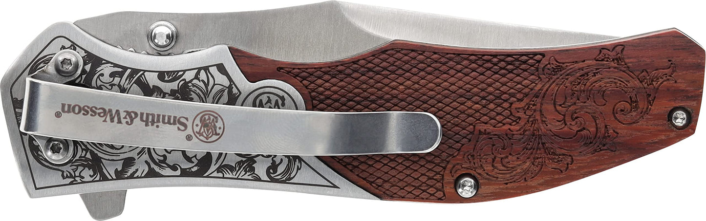 Smith & Wesson Accessories Smith & Wesson Unwavered Folder Featuring Engraved Rosewood Handle, Drop Point Blade, and 8Cr13MoV Stainless Steel