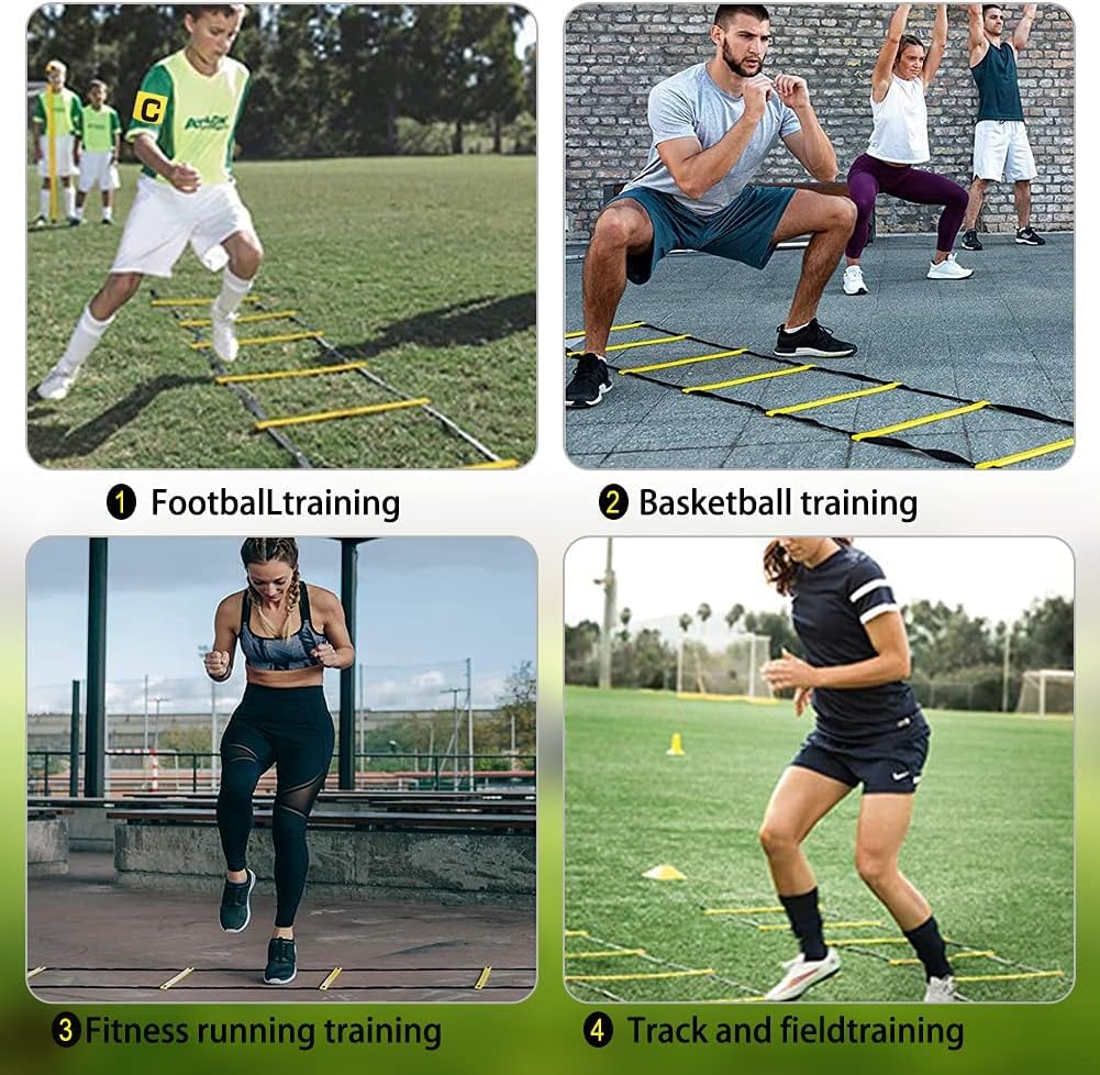 LAMOOER Speed Agility Ladder Training Set, Soccer Football Training Equipment Includes 12 Rung 20Ft Agility Ladder, 12 Disc Cones, 4 Steel Stakes, Resistance Parachute & Carry Bag