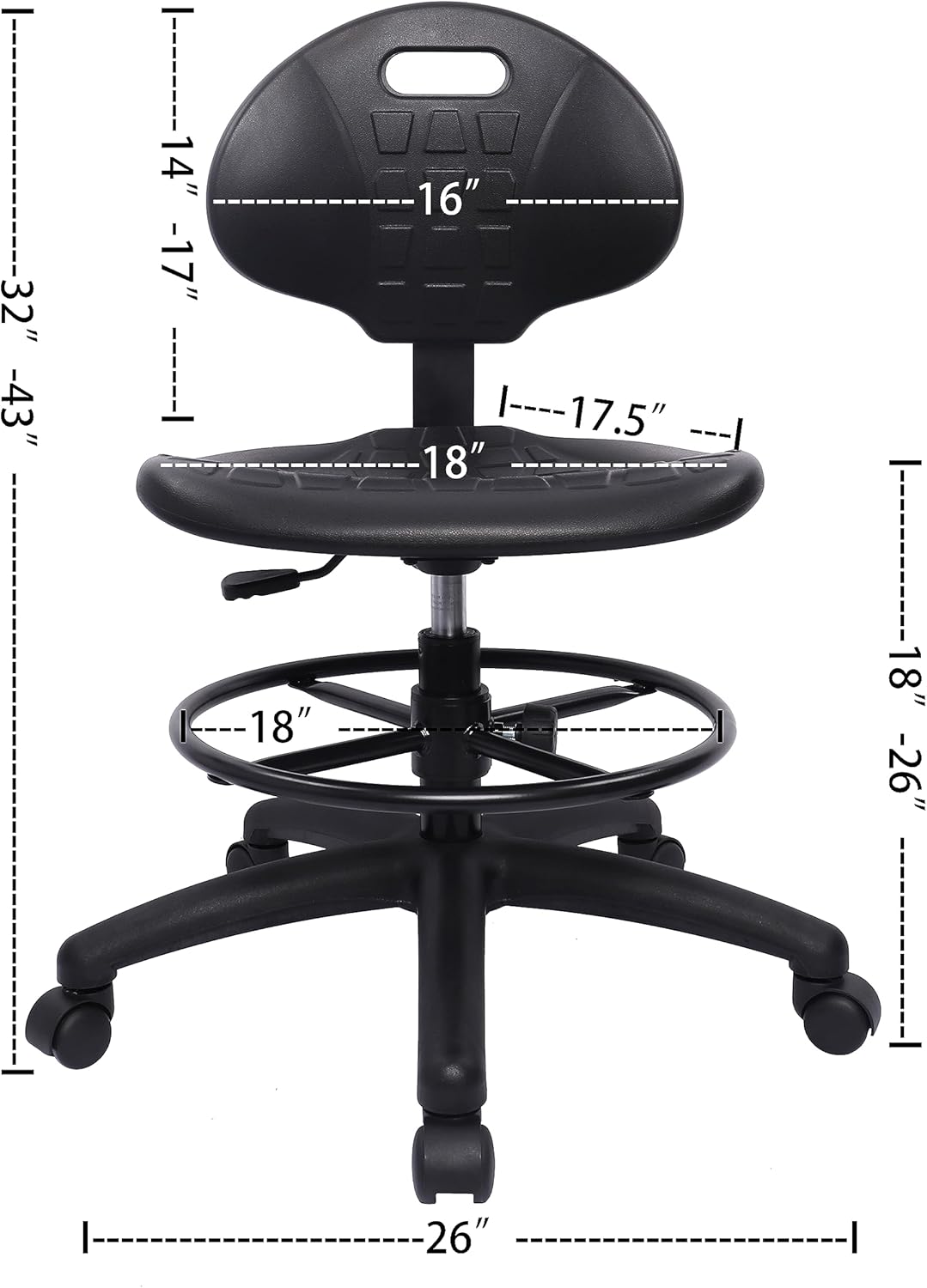 TAKE UR SEAT® Polyurethane Drafting Lab Stool Chair, 18" Adjustable Footring, 8" Adjustable Height, 450 lbs seat Capacity, Heavy Duty, Shipped Within 24 Hours Med. Bench Height (Rubber Caster)