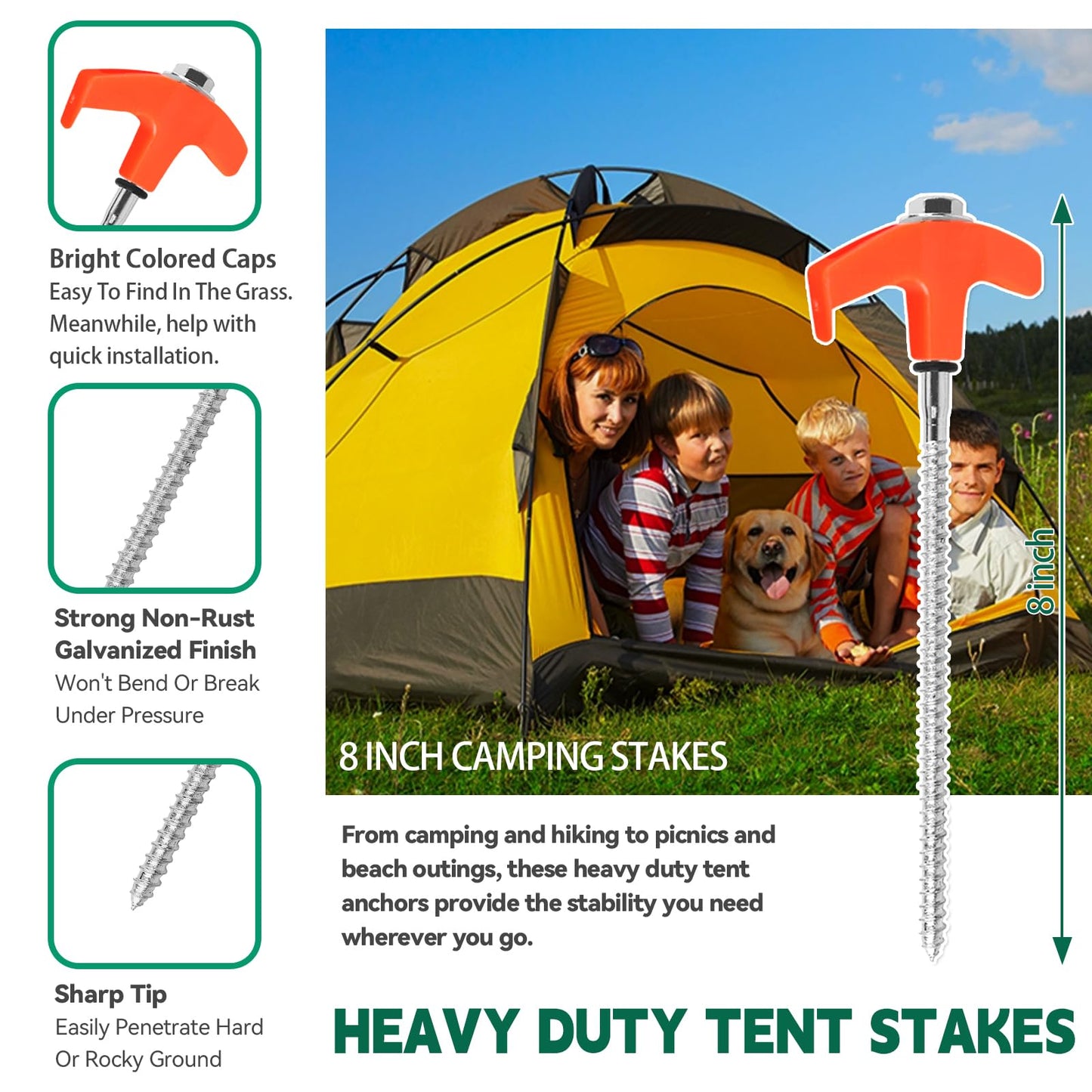 20 Pack 8" Screw in Tent Stakes for Drilling with Hex Heads - Heavy Duty Stainless Steel Tent Pegs/Nails/Spikes, Ground Anchors, Grow in Dark - for Camping, Grassland, Portable Box (Orange)