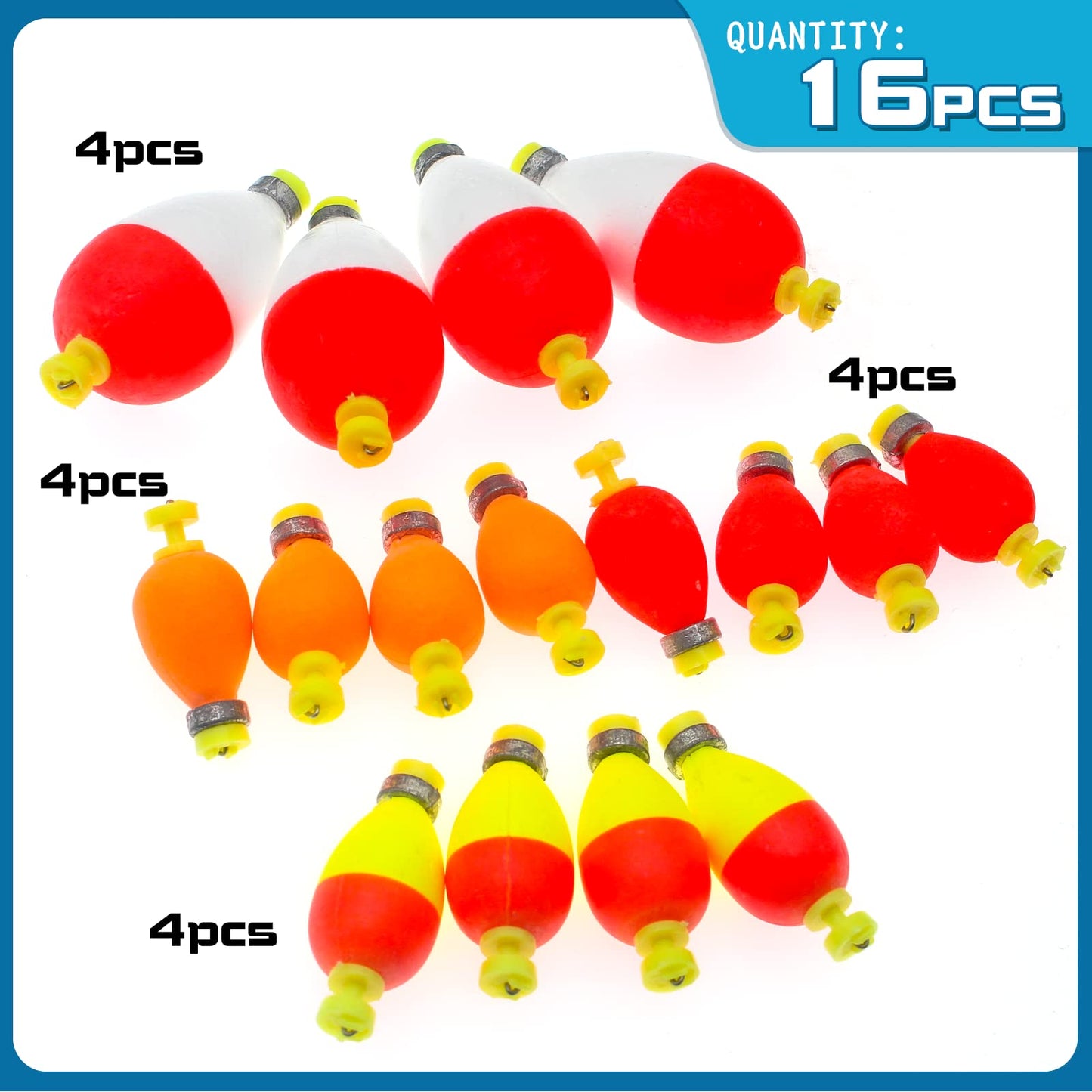 Gefischtter 16pcs Fishing Bobbers Weighted Floats Set Foam Snap on Float Weighted Bobbers Fishing Push Button Snap-on Bobbers Assortment