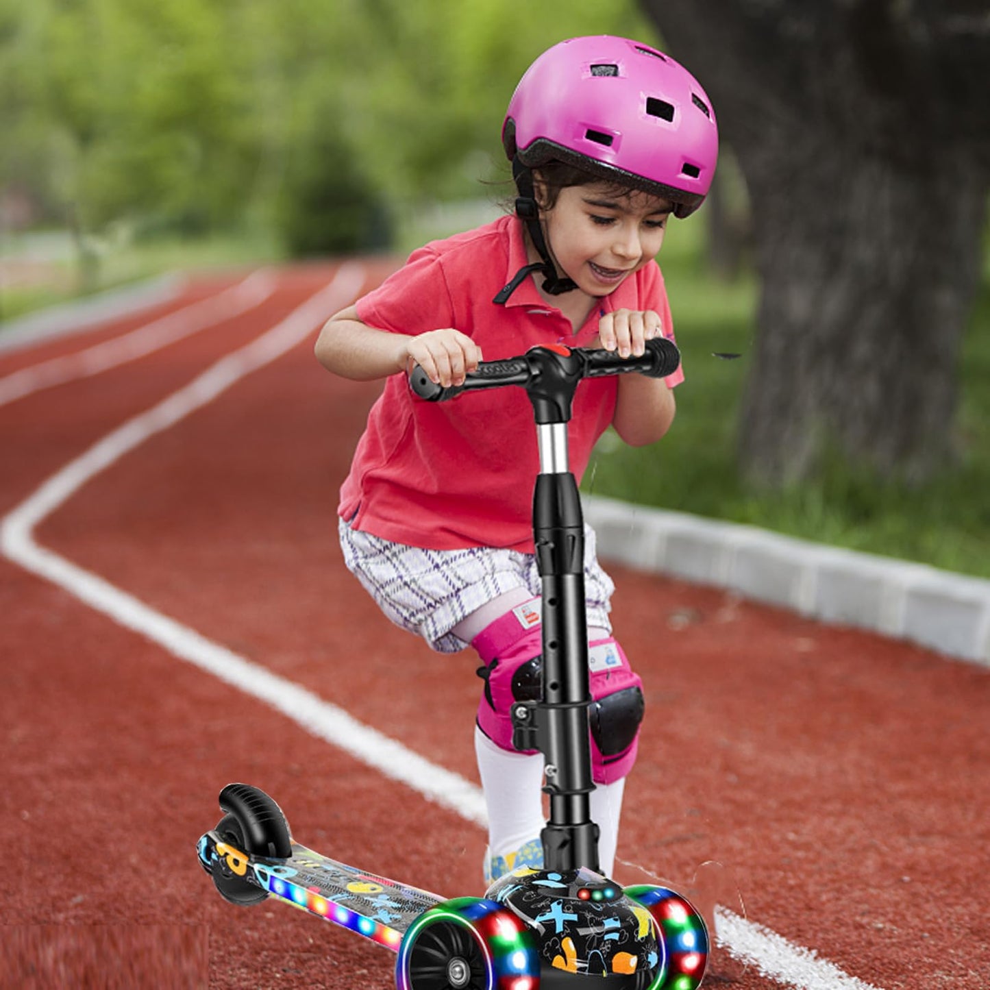 CLrkualn 2-in-1 Kick Scooter for Kids Ages 3-8, Adjustable Height Foldable Scooter Removable Seat, 3 LED Light Wheels, Outdoor Activities for Toddlers Boys Girls (Black)
