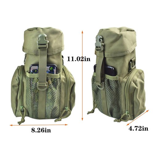 Molle Water Bottle Holder for 64 oz Bottles - Carry, Protect and Insulate Your Flask with Military Grade Carrier 2 Zipper Pockets and an Adjustable Shoulder Strap (Green)