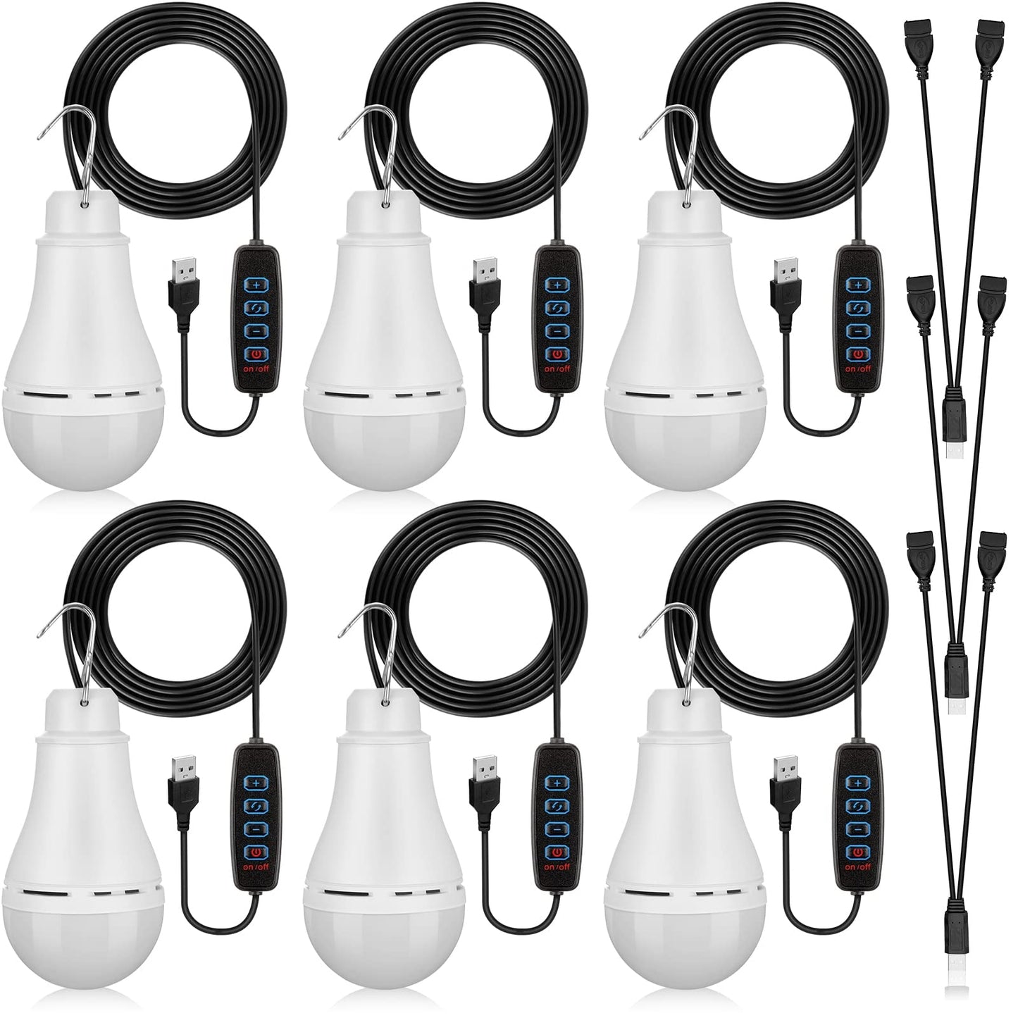 Kittmip 6 Pcs USB Light String LED Portable Light Bulb Rechargeable USB Strip Camping Lantern with Splitter Cable for Camping Porch Backyard Garage Warehouse Truck Fishing Boat