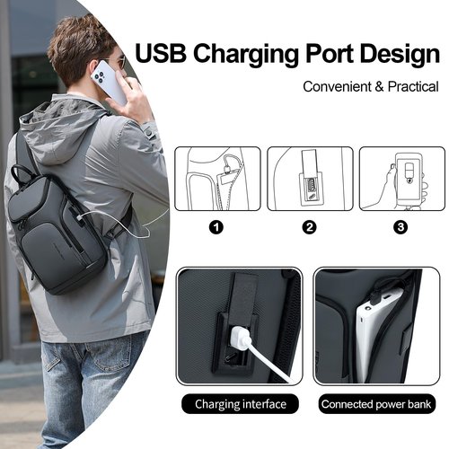 FENRUIEN Grey Sling Bag, Lightweight Crossbody Bag with USB, Sling Backpack Shoulder Chest Pack for Men Casual Rucksack for Daypack/Hiking/Travel/Sports