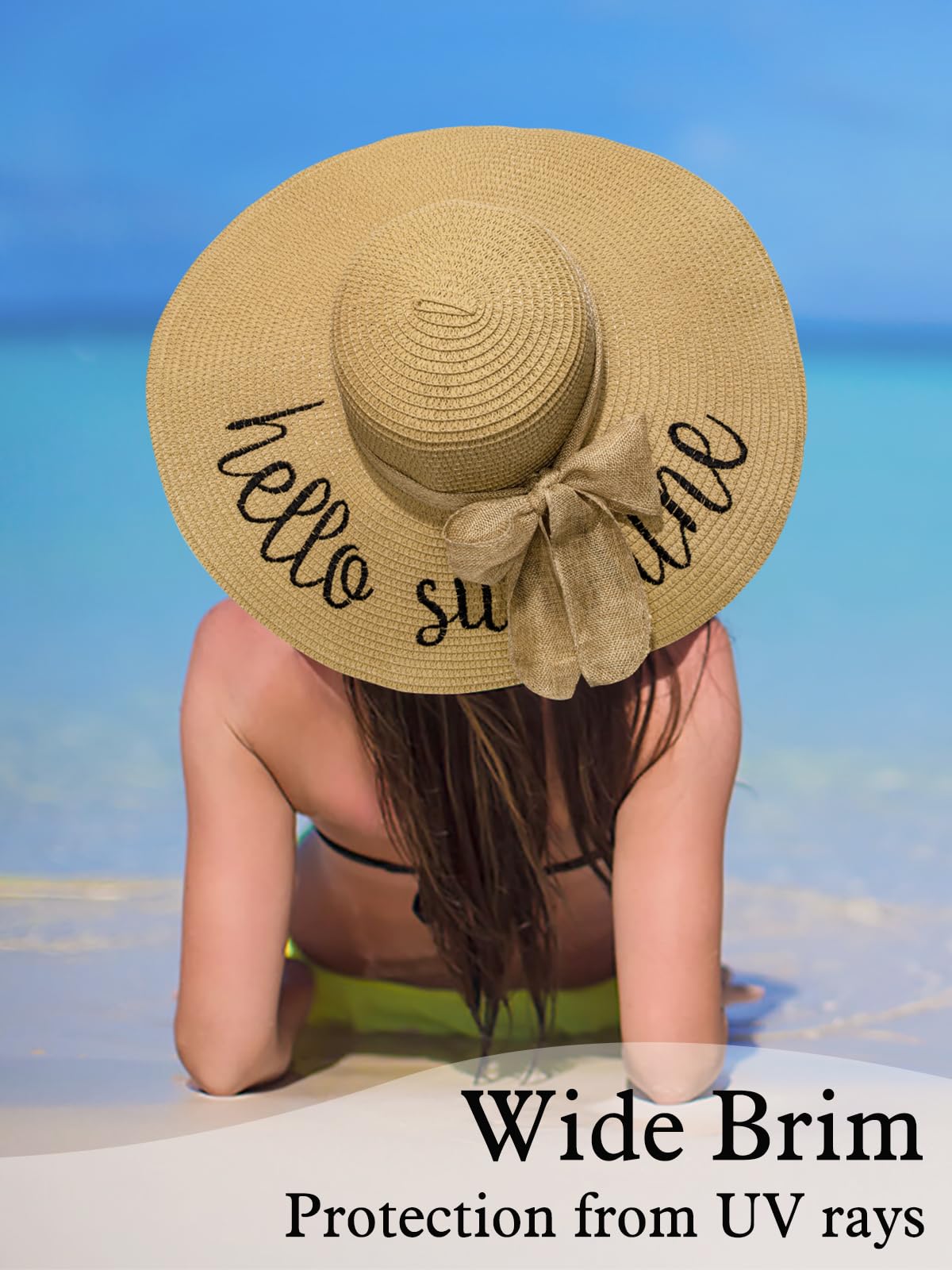 Senker Fashion Beach Hats for Women, Floppy Straw Sun Hat Embroidered Wide Brim for Summer Honeymoon Vacation Cruise Khaki