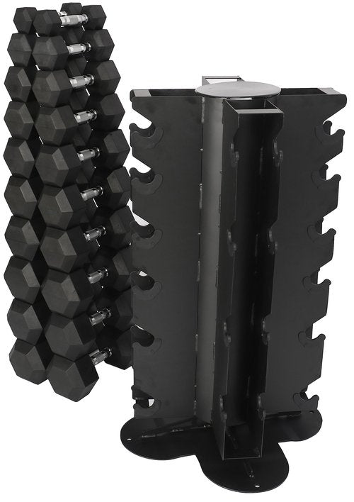 Signature Fitness 550LB Rubber Coated Hex Dumbbell Weight Set with Vertical and Spinnable Storage Rack, 5-50 lbs Pairs, Multiple Package