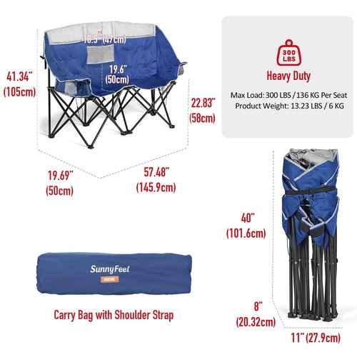 SUNNYFEEL Heated Double Camping Chair, Outdoor Portable Loveseat Chair, Heavy Duty Folding Lawn Chairs with Storage for Beach/Tailgate/Travel/Picnic, Foldable Duo Camp Chairs for Adults 2 People