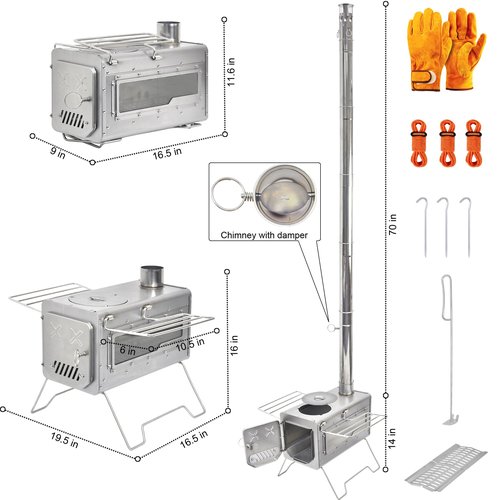 Outdoor Wood Burning Stove, Portable Camp Stove Tent Stove with Chimney Pipe for Cooking, Camping, Tent, Hiking, Fishing, Backpacking