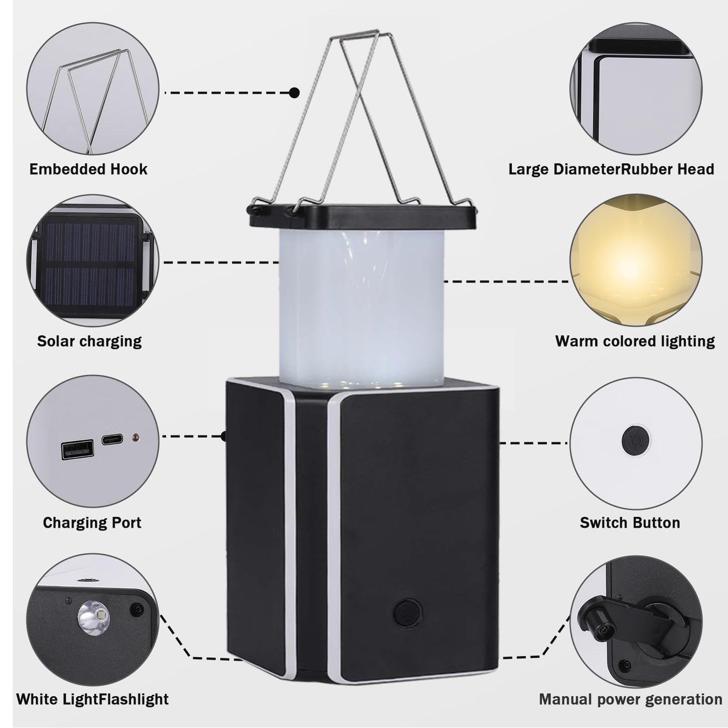 2Pack Solar LED Rechargeable Emergency Camping Lantern,White Solar Rechargeable,Rechargeable Type C,Emergency Lights Hand-Crank Power Generation,Phone Power Supply Function,flashlights