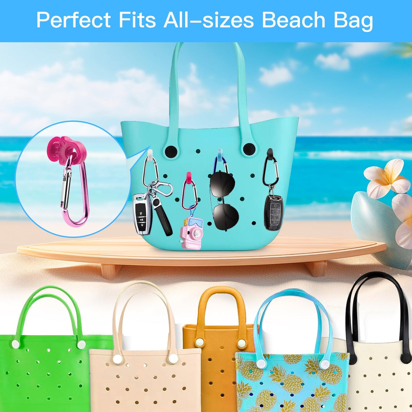 2 Set Hooks Set Accessories Compatible for Bogg Bag, Bogg Bag Accessories, Insert Carabiner Key Chain Holder Charms, Compatible for Small & Large Beach Bags (White)