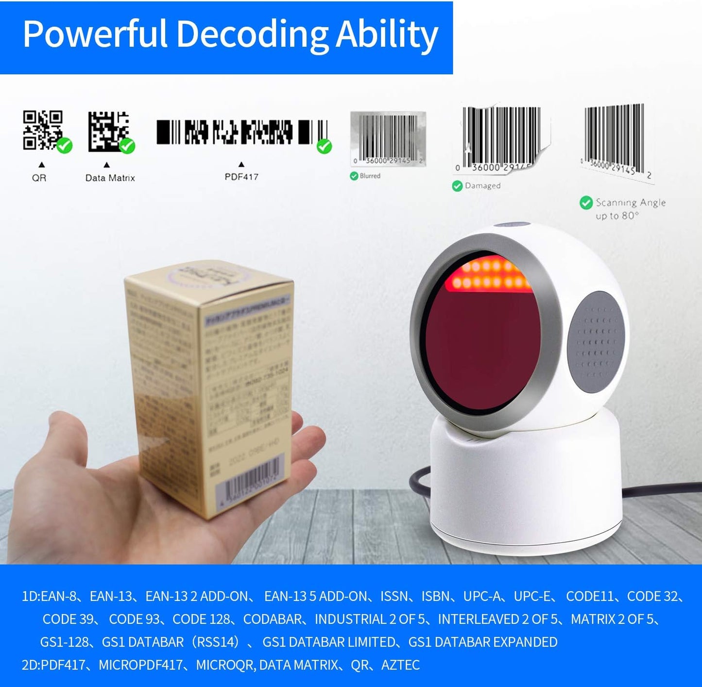 2D QR Barcode Scanner,Symcode Omnidirectional Hands-Free Automatic Barcode Reader for Mobile Payment Computer Screen ScanMeters