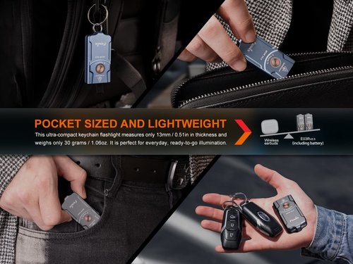 EdisonBright Fenix E03R V2 500 Lumen USB Rechargeable LED Keychain Flashlight, Charging Adapter Bundle (Grey)