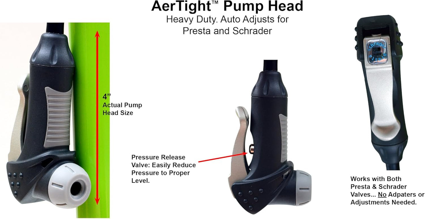 X-1000 Bike Pump – Unique AerTight Pump Head for Easiest use with Both Presta and Schrader Bicycle Pump Valves – Pressure Gauge – 160 PSI