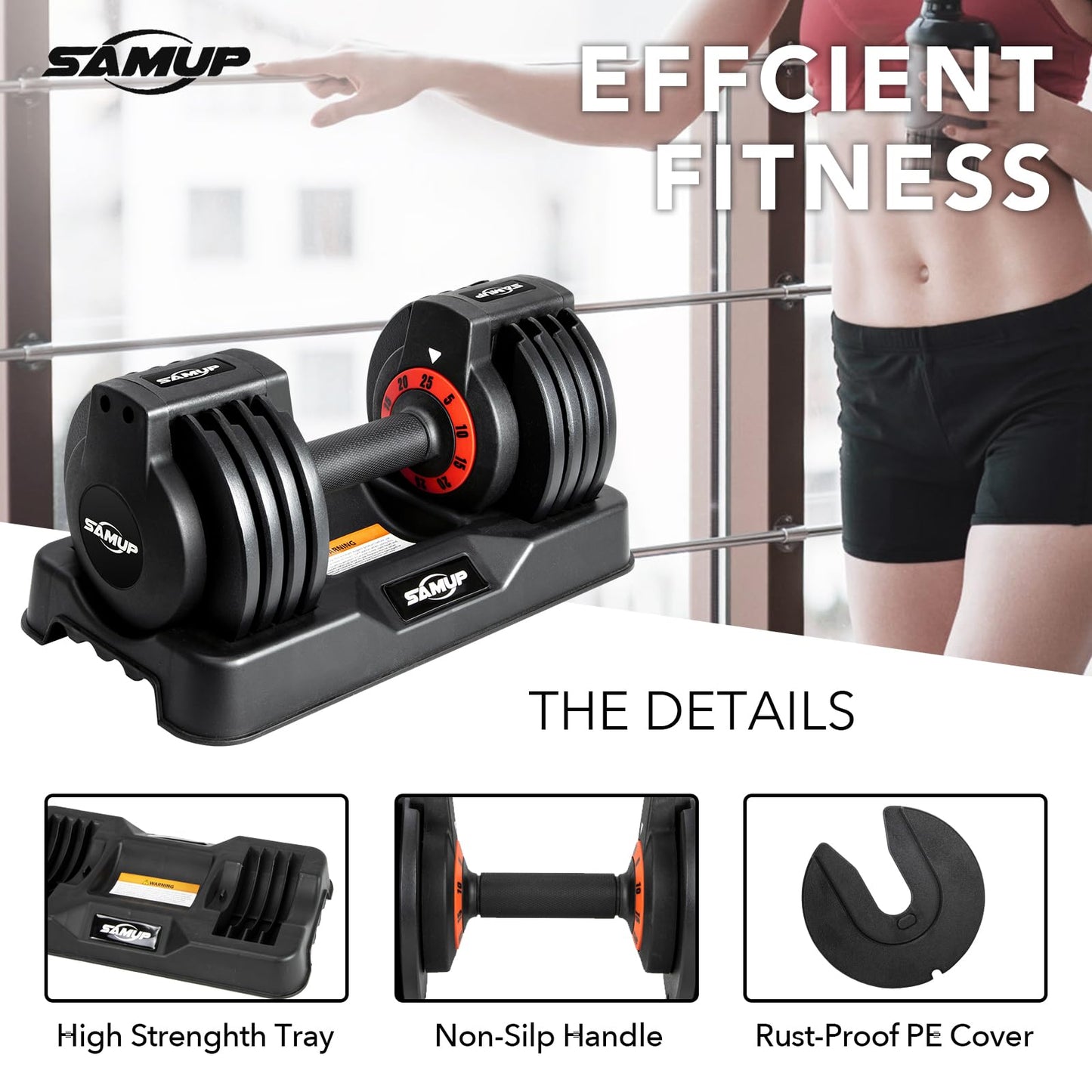 25/55 lbs Pair Adjustable Dumbbells Set, Adjustable Weights Dumbbells Set for Men and Women with Anti-Slip Fast Adjust Weight by Turning Handle,Black Dumbbell with Tray