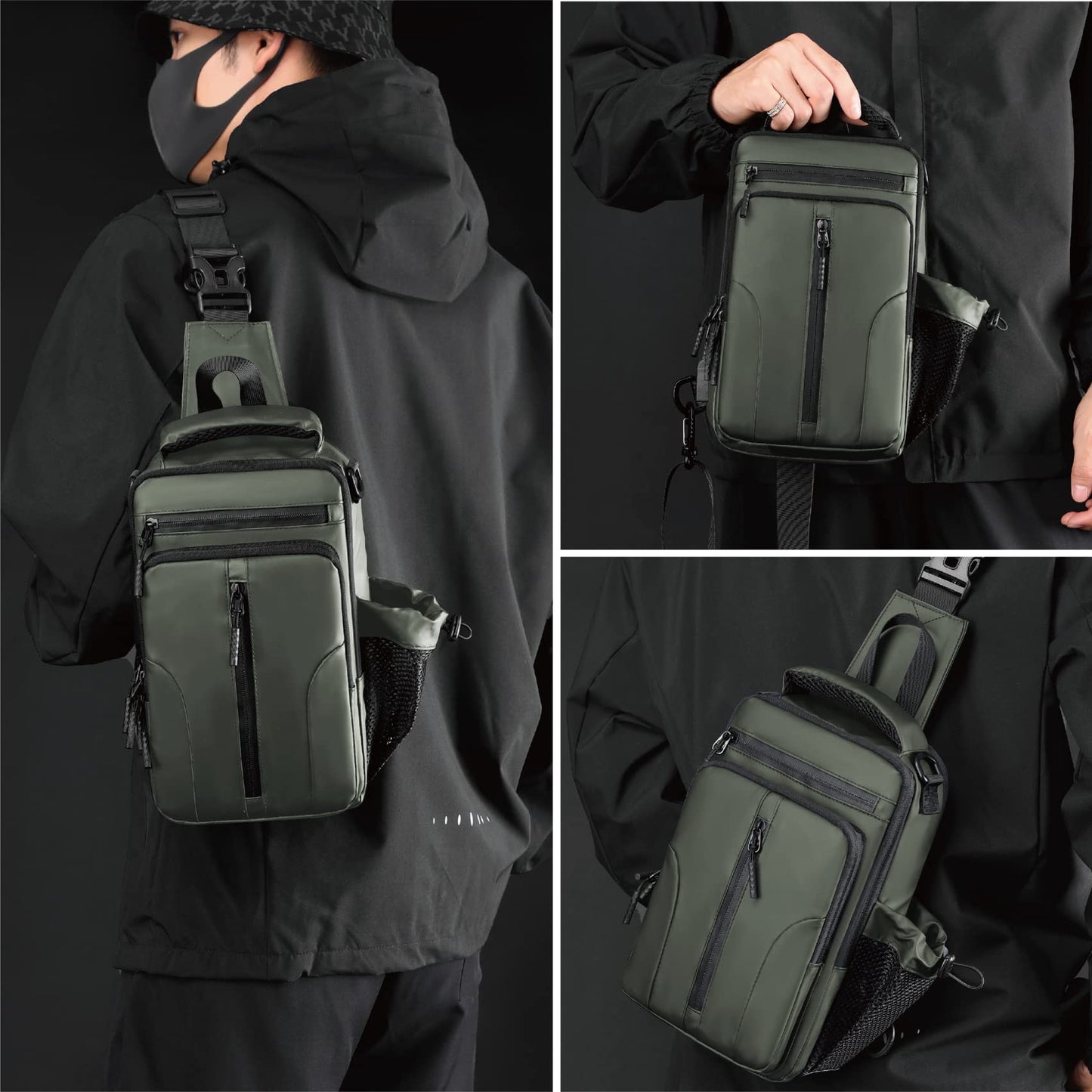 Anti Theft Crossbody Backpack Shoulder Sling Bag for Men Women Lightweight One Strap Motorcycle Messenger Bag Daypack for Cycling Hiking Walking Outdoor Sports Travel with USB Charger Port Army Green