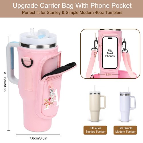 Initial Water Bottle Holder with Strap for Stanley 40 oz Tumbler/Simple Modern 40 oz Tumbler,Water Bottle Carrier Bag with Strap,Personalized A-Z Phone Pocket for Stanley Cup Accessories