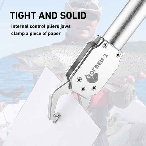 GOLDEN J 16" Fish Lip Gripper - Heavy-Duty & Saltwater Proof, Aircraft-Grade Aluminum Alloy, 60LB Capacity, Non-Slip 360° TPR Swivel Handle & Anti-Escape Push Rod, for Surf, Ice, Fresh/Saltwater