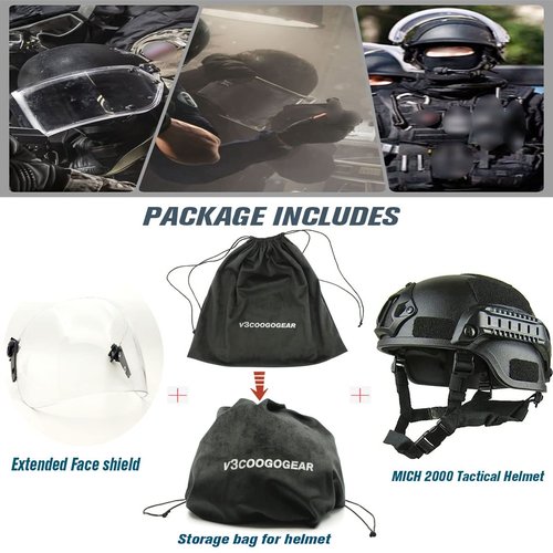 Tactical ACH Airsoft Helmet with Full Face Clear Visor Protective Guard MICH 2000 Mode for Paintball Outdoor CS Wargame (Black)